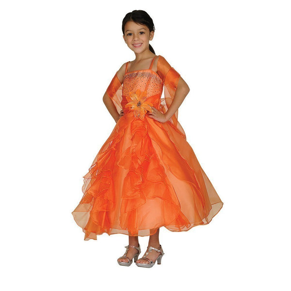 Cinderella Couture Big Girls Orange Crystal Organza Cascade Ruffle Dress 8-14 - SophiasStyle.com